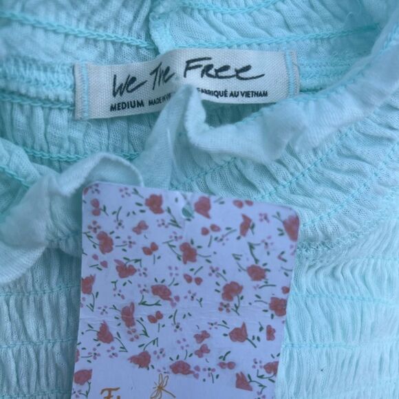 NWT Free People Caroline Smocked Turtleneck Top Blouse Iced Aqua Size medium - Picture 7 of 7